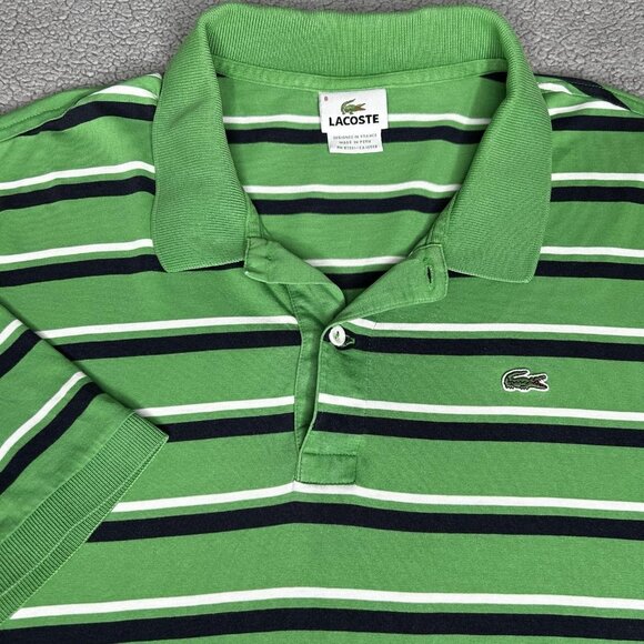 Lacoste Polo Shirt Mens 3XL Green Navy White Striped Crocodile Logo Cotton Knit - Picture 1 of 14